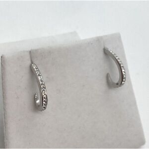 Vtg Sterling Silver White Enamel & CZ Stone J Hook Half Hoop Earrings | 20mm L
